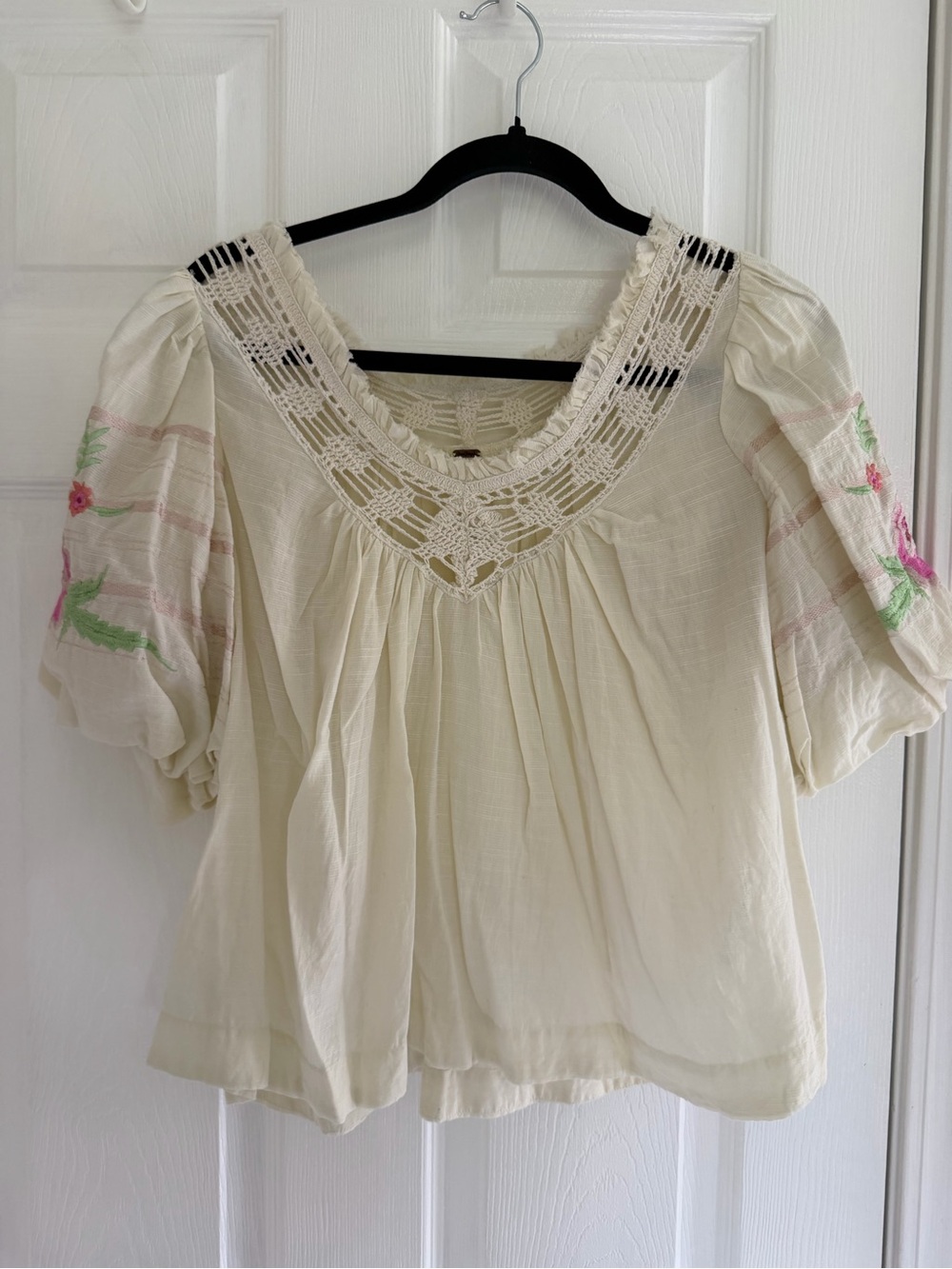 Free People Cream Embroidered Crochet Top
